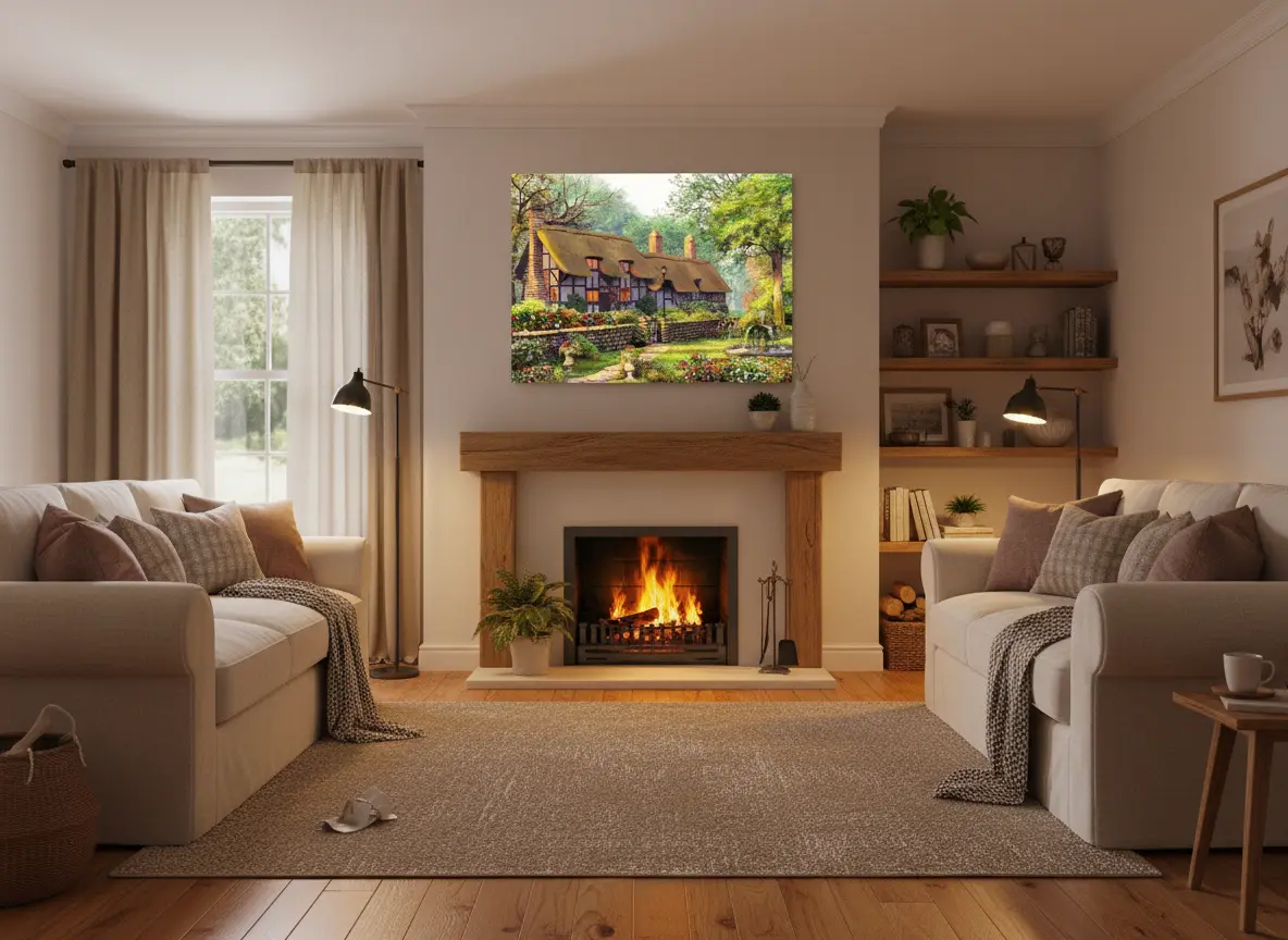 pictură pe numere – grădina cu povești: căsuță englezească cu fântână – pânză pe Șasiu din lemn, 40 × 50 cm pictură pe numere – grădina cu povești: căsuță englezească cu fântână – pânză pe Șasiu din lemn, 40 × 50 cm