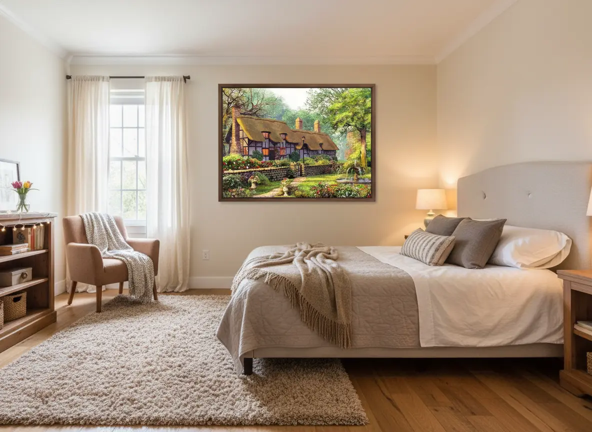 pictură pe numere – grădina cu povești: căsuță englezească cu fântână – pânză pe Șasiu din lemn, 40 × 50 cm pictură pe numere – grădina cu povești: căsuță englezească cu fântână – pânză pe Șasiu din lemn, 40 × 50 cm