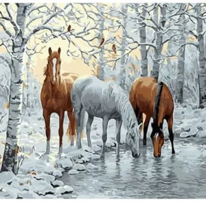 pictură pe numere – grație în zăpadă: cai la râu în pădurea Înghețată – pânză pe Șasiu lemn 40x50 cm