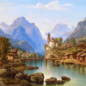 Pictura-pe-Numere-–-Idila-Alpina-Catunul-dintre-Munti-si-Rau-–-Panza-pe-Sasiu-Lemn-40x50-cm