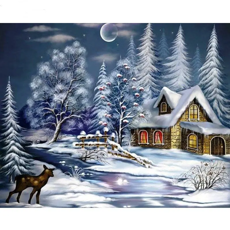 pictură pe numere – liniște de iarnă: căsuța din poveste – pânză pe Șasiu lemn 40x50 cm pictură pe numere – liniște de iarnă: căsuța din poveste – pânză pe Șasiu lemn 40x50 cm