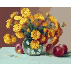 pictură pe numere – lumina gălbenelelor: căldura toamnei în vază – pânză pe Șasiu lemn 40x50 cm