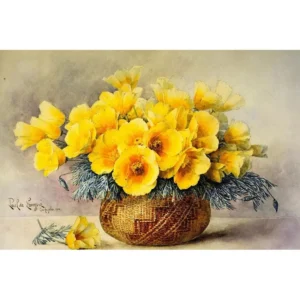 pictură pe numere – maci de aur în coș Împletit: omagiu clasic după paul de longpré – pânză pe Șasiu lemn 40x50 cm