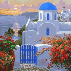 Pictura-pe-Numere-–-Magia-din-Santorini-Biserica-cu-Dom-Albastru-la-Apus-–-Panza-pe-Sasiu-Lemn-40x50-cm