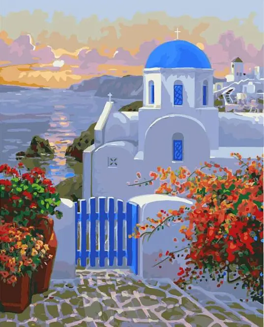 Pictura-pe-Numere-–-Magia-din-Santorini-Biserica-cu-Dom-Albastru-la-Apus-–-Panza-pe-Sasiu-Lemn-40x50-cm Pictura-pe-Numere-–-Magia-din-Santorini-Biserica-cu-Dom-Albastru-la-Apus-–-Panza-pe-Sasiu-Lemn-40x50-cm