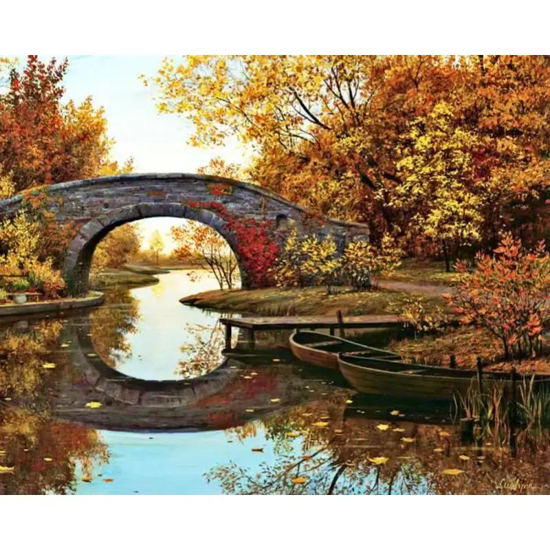 pictură pe numere – nostalgia toamnei: podul de piatră și bărci la mal – pânză pe Șasiu lemn 40x50 cm pictură pe numere – nostalgia toamnei: podul de piatră și bărci la mal – pânză pe Șasiu lemn 40x50 cm