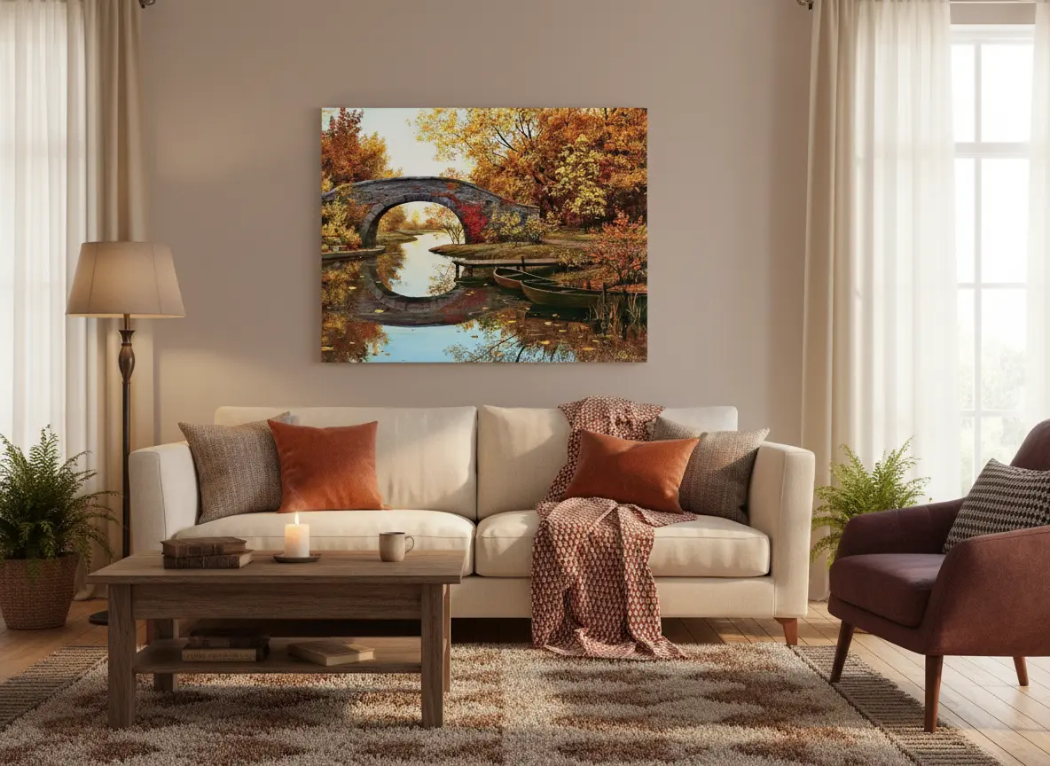 pictură pe numere – nostalgia toamnei: podul de piatră și bărci la mal – pânză pe Șasiu lemn 40x50 cm pictură pe numere – nostalgia toamnei: podul de piatră și bărci la mal – pânză pe Șasiu lemn 40x50 cm