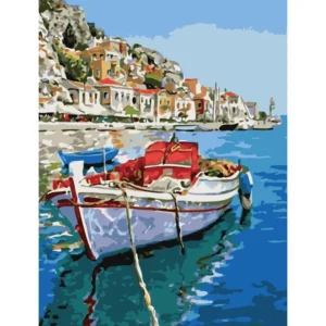 pictură pe numere – nostalgie mediteraneeană: barca pescărească din golf – pânză pe Șasiu lemn 40x50 cm