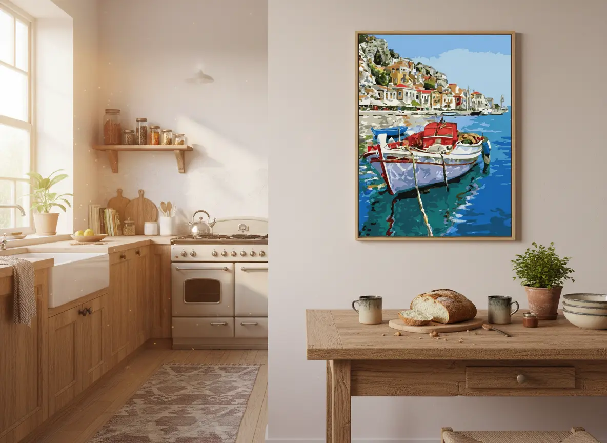 pictură pe numere – nostalgie mediteraneeană: barca pescărească din golf – pânză pe Șasiu lemn 40x50 cm pictură pe numere – nostalgie mediteraneeană: barca pescărească din golf – pânză pe Șasiu lemn 40x50 cm