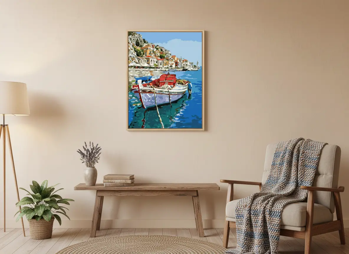 pictură pe numere – nostalgie mediteraneeană: barca pescărească din golf – pânză pe Șasiu lemn 40x50 cm pictură pe numere – nostalgie mediteraneeană: barca pescărească din golf – pânză pe Șasiu lemn 40x50 cm