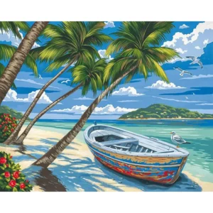 pictură pe numere – oază tropicală: barca de pe plaja cu palmieri – pânză pe Șasiu lemn 40x50 cm