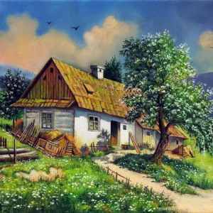 Pictura-pe-Numere-–-Oaza-de-Tihna-Casuta-Batraneasca-din-Deal-–-Panza-pe-Sasiu-Lemn-40x50-cm