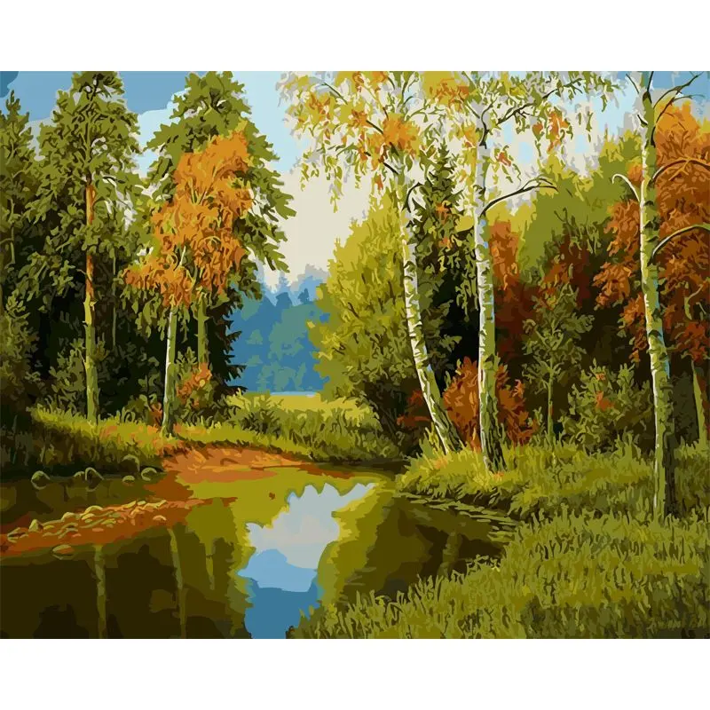 pictură pe numere – oglinda toamnei: liniștea din dumbravă – pânză pe Șasiu lemn 40x50 cm pictură pe numere – oglinda toamnei: liniștea din dumbravă – pânză pe Șasiu lemn 40x50 cm