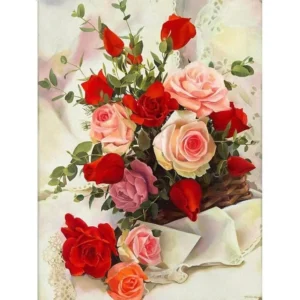 pictură pe numere – parfum retro: coș de trandafiri pe dantelă – pânză pe Șasiu lemn 40x50 cm