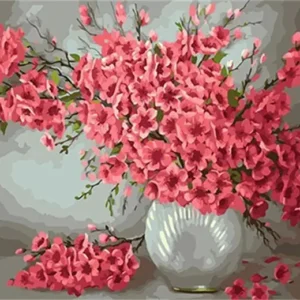 pictură pe numere – parfum de primăvară: crenguțe de cireș Înflorit în vază de porțelan – pânză pe Șasiu lemn 40x50 cm