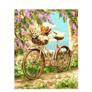 pictură pe numere – popas în provence: bicicleta cu flori – pânză pe Șasiu lemn 40x50 cm