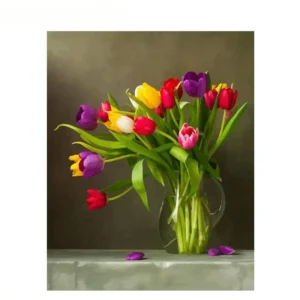 Acasa pictură pe numere – prospețimea primăverii: lalele multicolore în vază – pânză pe Șasiu lemn 40x50 cm
