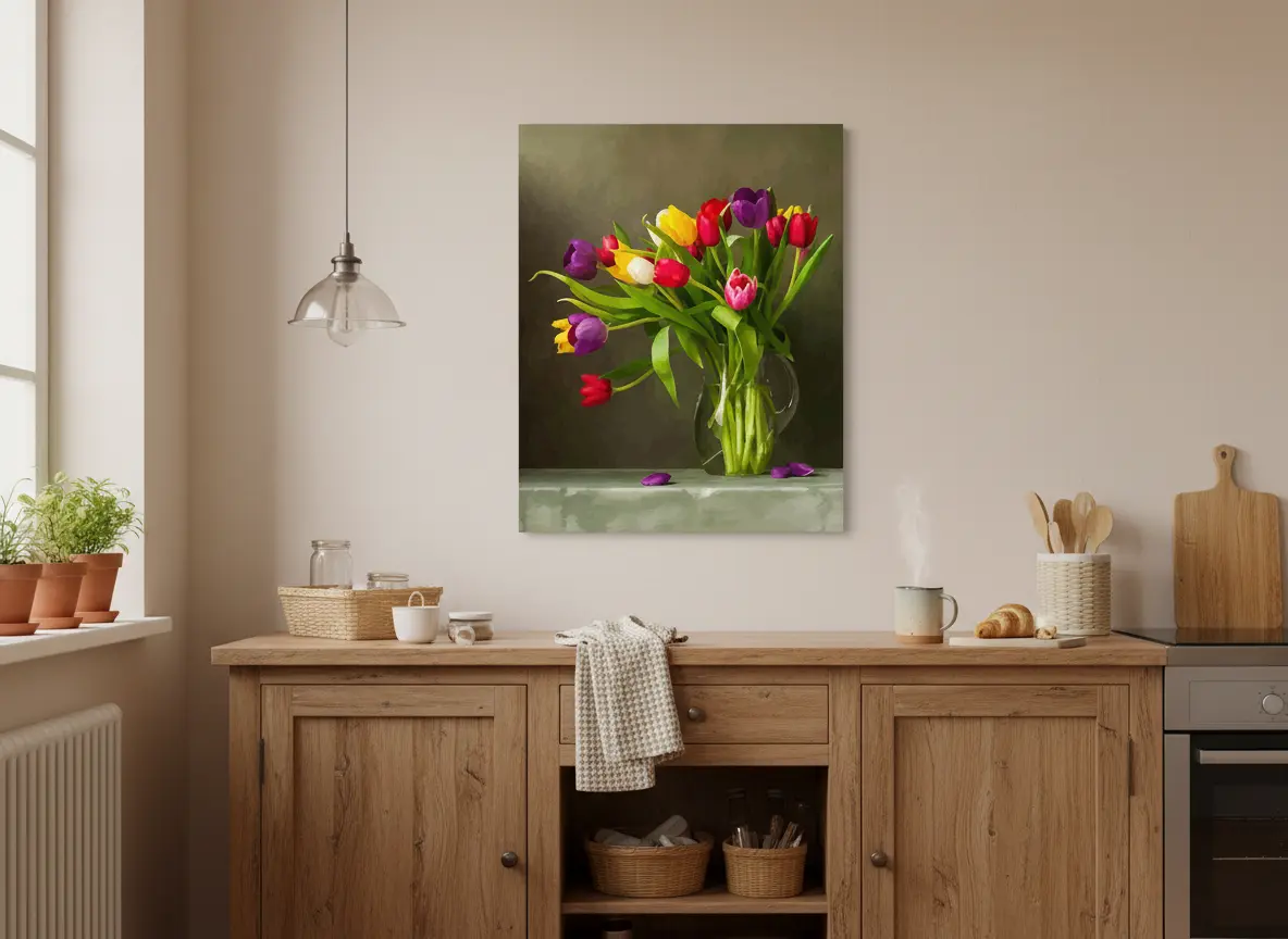 pictură pe numere – prospețimea primăverii: lalele multicolore în vază – pânză pe Șasiu lemn 40x50 cm pictură pe numere – prospețimea primăverii: lalele multicolore în vază – pânză pe Șasiu lemn 40x50 cm