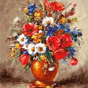 pictură pe numere – simfonia câmpului: maci și flori sălbatice în vază de lut – pânză pe Șasiu lemn 40x50 cm