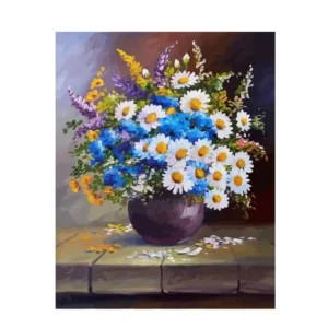 pictură pe numere – simfonia câmpului margarete și flori de nu mă uita în vas – pânză pe Șasiu lemn 40x50 cm