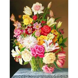 pictură pe numere – simfonia florilor: buchet regal în vază de cristal – pânză pe Șasiu lemn 40x50 cm