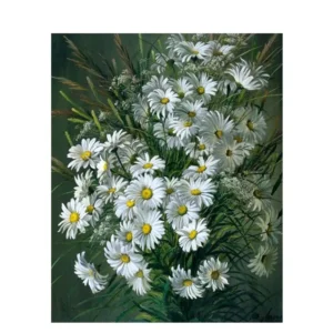 pictură pe numere – simplitate în alb: buchet de margarete – pânză pe Șasiu lemn 40x50 cm