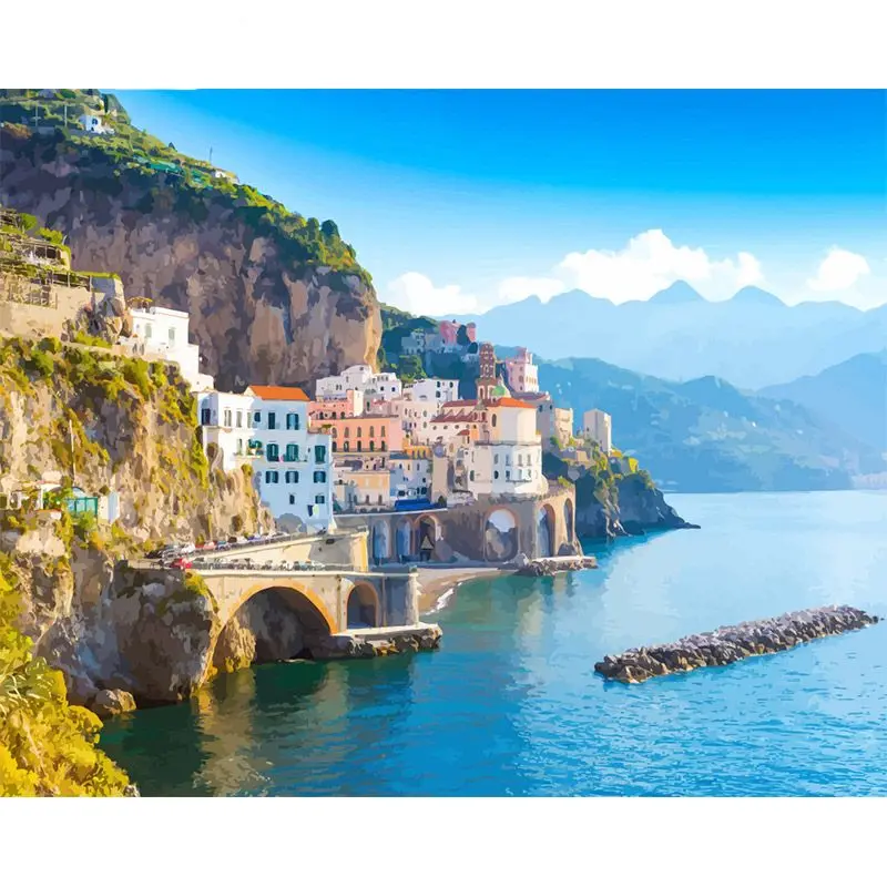 pictură pe numere – splendoarea de pe coastă: panorama din atrani, coasta amalfitană – pânză pe Șasiu lemn 40x50 cm pictură pe numere – splendoarea de pe coastă: panorama din atrani, coasta amalfitană – pânză pe Șasiu lemn 40x50 cm