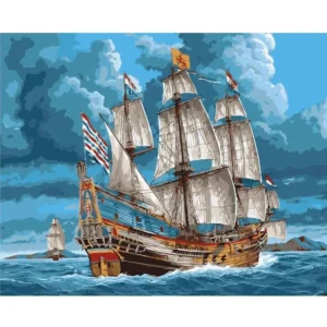pictură pe numere – stăpânul mărilor: galion în plină furtună – pânză pe Șasiu lemn 40x50 cm