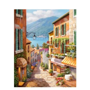 pictură pe numere – străduța spre lac: visare mediteraneană – pânză pe Șasiu lemn 40x50 cm