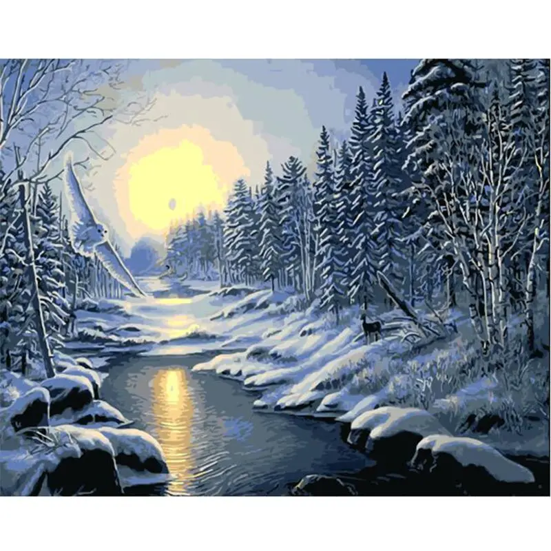 pictură pe numere – tărâmul Înghețat: zborul bufniței și amurg iernatic – pânză pe Șasiu lemn 40x50 cm pictură pe numere – tărâmul Înghețat: zborul bufniței și amurg iernatic – pânză pe Șasiu lemn 40x50 cm