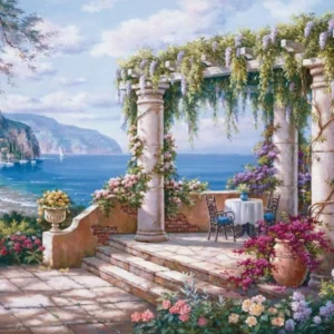 pictură pe numere – terasa cu vedere la mare: vis mediteranean – pânză pe Șasiu lemn 40x50 cm