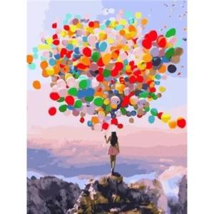 pictură pe numere – zbor spre vise: fata cu baloane multicolore – pânză pe Șasiu lemn 40x50 cm