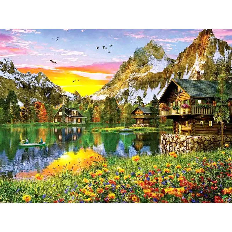 pictură pe numere – amurg în alpi: cabane rustice pe malul lacului – pânză pe Șasiu lemn 40x50 cm pictură pe numere – amurg în alpi: cabane rustice pe malul lacului – pânză pe Șasiu lemn 40x50 cm