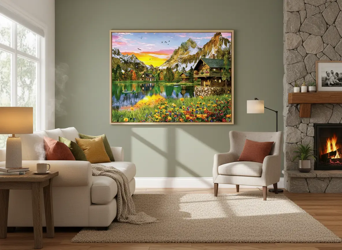 pictură pe numere – amurg în alpi: cabane rustice pe malul lacului – pânză pe Șasiu lemn 40x50 cm pictură pe numere – amurg în alpi: cabane rustice pe malul lacului – pânză pe Șasiu lemn 40x50 cm