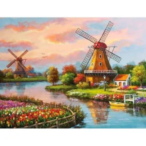 Pictura-pe-Numere-–-Amurg-in-Olanda-Mori-de-Vant-si-Campuri-de-Lalele-–-Panza-pe-Sasiu-Lemn-40x50-cm