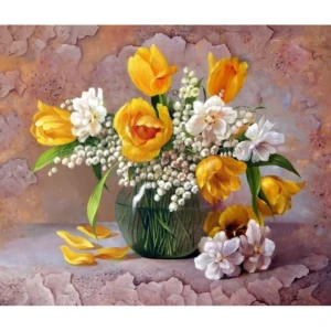 pictură pe numere – dimineți cu soare: buchet de lalele galbene și lăcrămioare – pânză pe Șasiu lemn 40x50 cm
