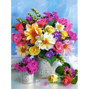 Pictura-pe-Numere-–-Explozie-de-Vara-Buchet-Multicolor-in-Vase-Decorative-–-Panza-pe-Sasiu-Lemn-40x50-cm