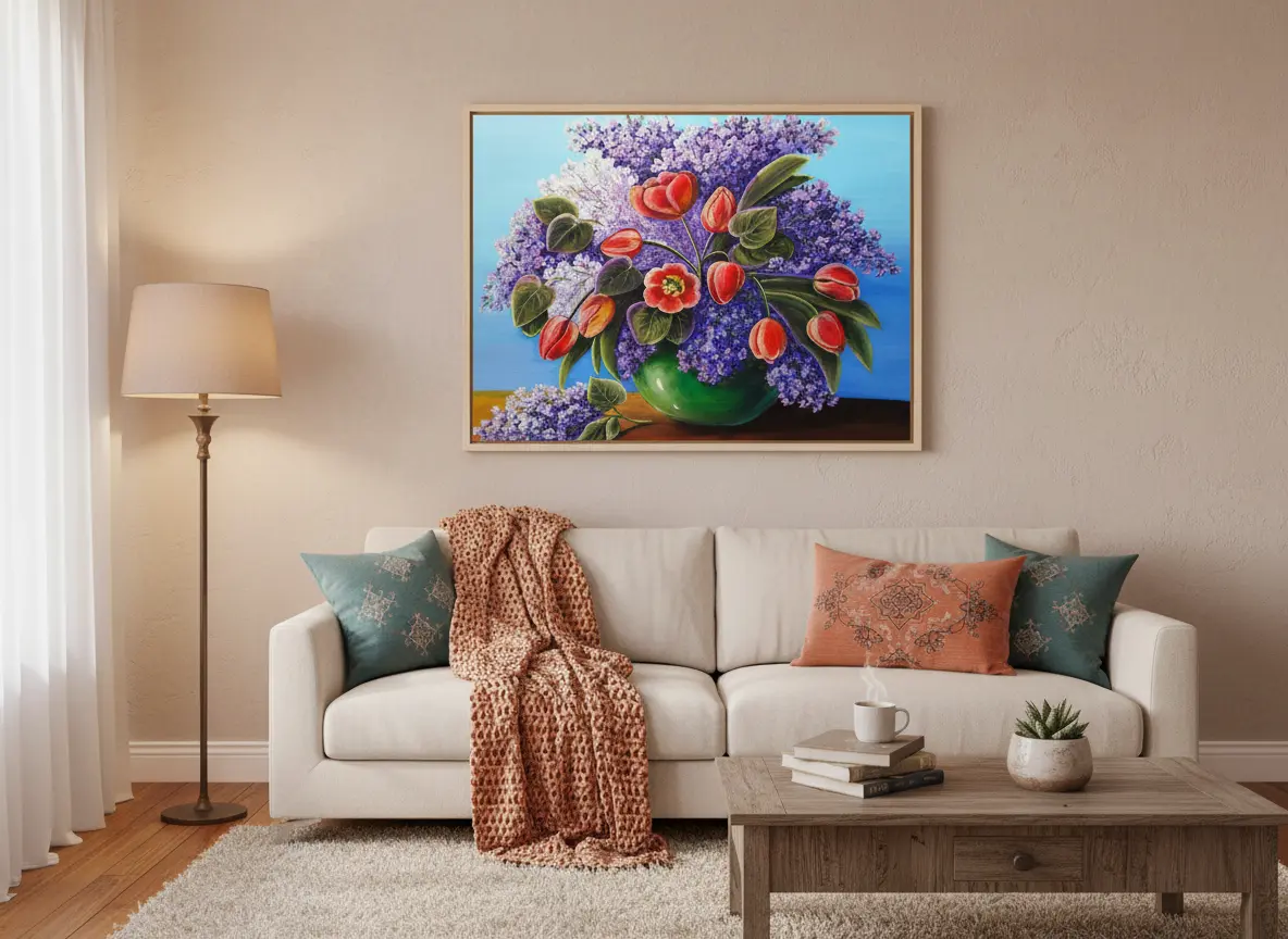 pictură pe numere – parfum de primăvară buchet de liliac și lalele – pânză pe Șasiu lemn 40x50 cm pictură pe numere – parfum de primăvară buchet de liliac și lalele – pânză pe Șasiu lemn 40x50 cm