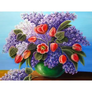 pictură pe numere – parfum de primăvară buchet de liliac și lalele – pânză pe Șasiu lemn 40x50 cm