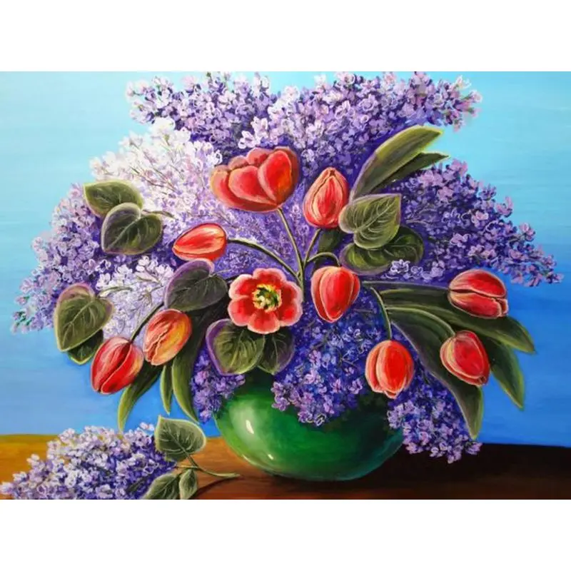 pictură pe numere – parfum de primăvară buchet de liliac și lalele – pânză pe Șasiu lemn 40x50 cm pictură pe numere – parfum de primăvară buchet de liliac și lalele – pânză pe Șasiu lemn 40x50 cm