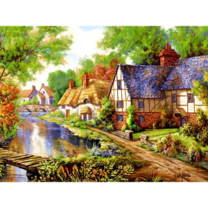 Acasa pictură pe numere – satul de poveste: căsuțe rustice pe malul râului – pânză pe Șasiu lemn 40x50 cm