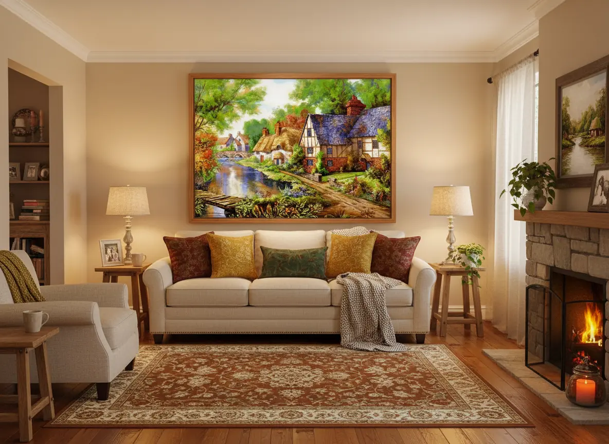 pictură pe numere – satul de poveste: căsuțe rustice pe malul râului – pânză pe Șasiu lemn 40x50 cm pictură pe numere – satul de poveste: căsuțe rustice pe malul râului – pânză pe Șasiu lemn 40x50 cm