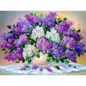 pictură pe numere – simfonia primăverii: abundență de liliac în vază de porțelan – pânză pe Șasiu lemn 40x50 cm