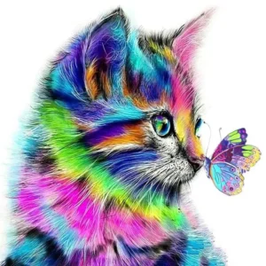 Acasa pictură pe numere – univers cromatic: pisicuța curcubeu și fluturele – pânză pe Șasiu lemn 40x50 cm
