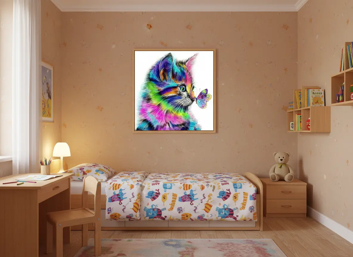 pictură pe numere – univers cromatic: pisicuța curcubeu și fluturele – pânză pe Șasiu lemn 40x50 cm pictură pe numere – univers cromatic: pisicuța curcubeu și fluturele – pânză pe Șasiu lemn 40x50 cm